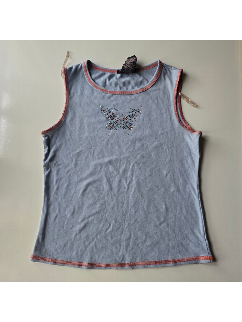 Vintage Y2K Xtraordinary Light Blue Rhinestone Butterfly Tank Top XL
